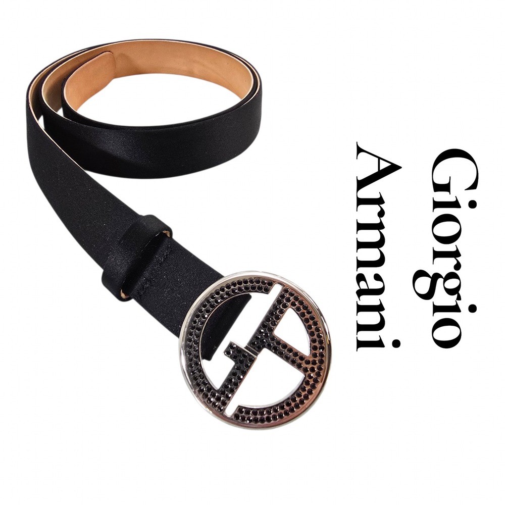 Giorgio Armani Belt Womens 42 Black Leather Silk Crystal GA Logo Buckle Italy